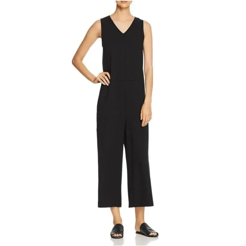 Eileen Fisher Wide-Leg Jersey Black Romper One Piece Jumpsuit Large